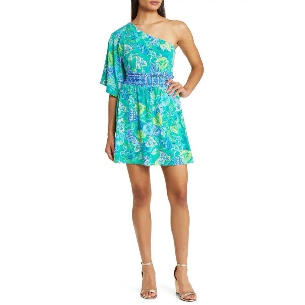 Lilly Pulitzer Niki One-Shoulder Romper Botanical Green Flutter Resort Womens 6